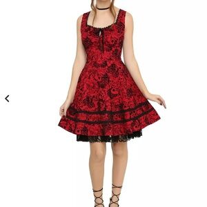 Hot topic Red & Black Flocked Filigree Skull Dress